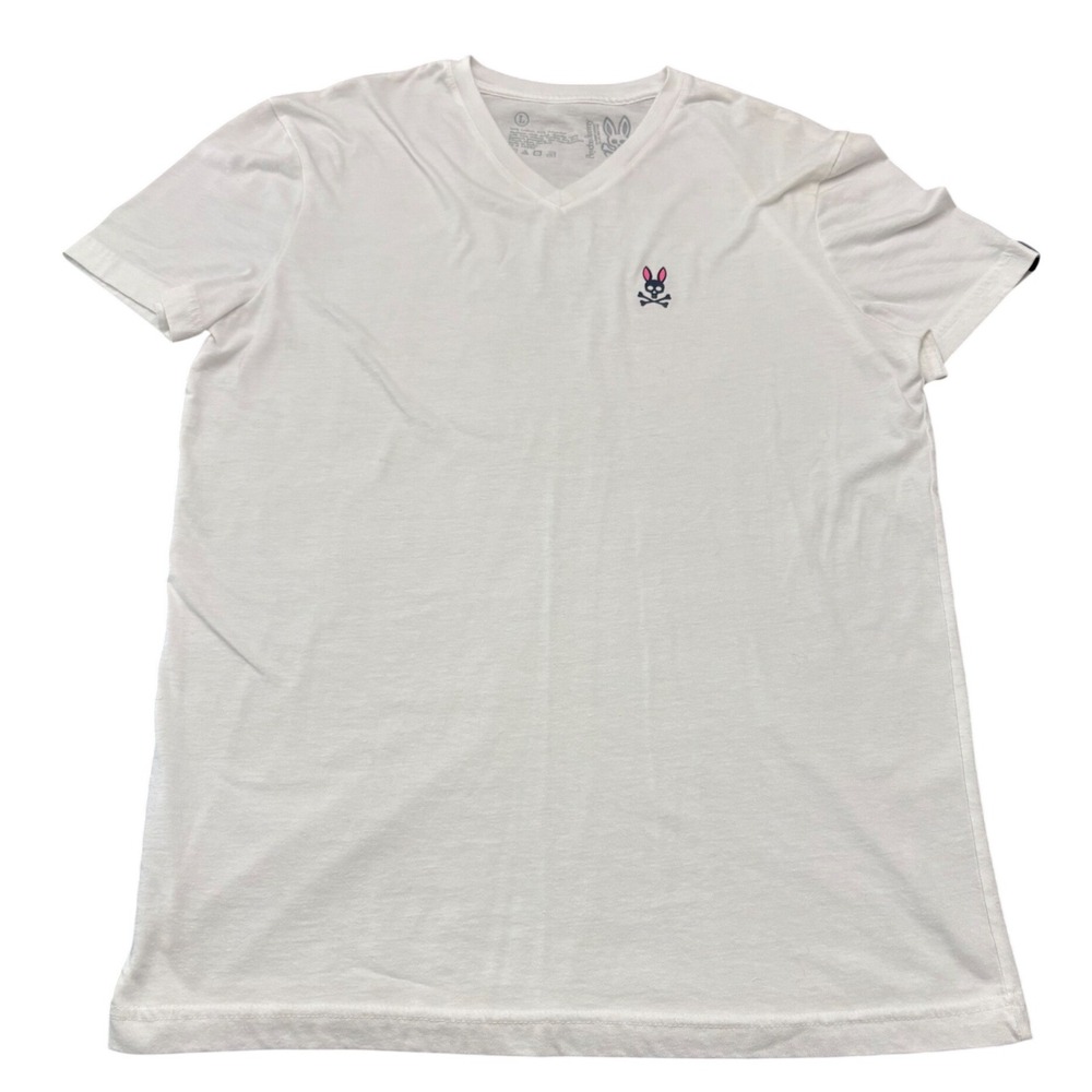 Psycho Bunny White V-Neck T-Shirt Logo Embroidered Men's Large Cotton Blend
